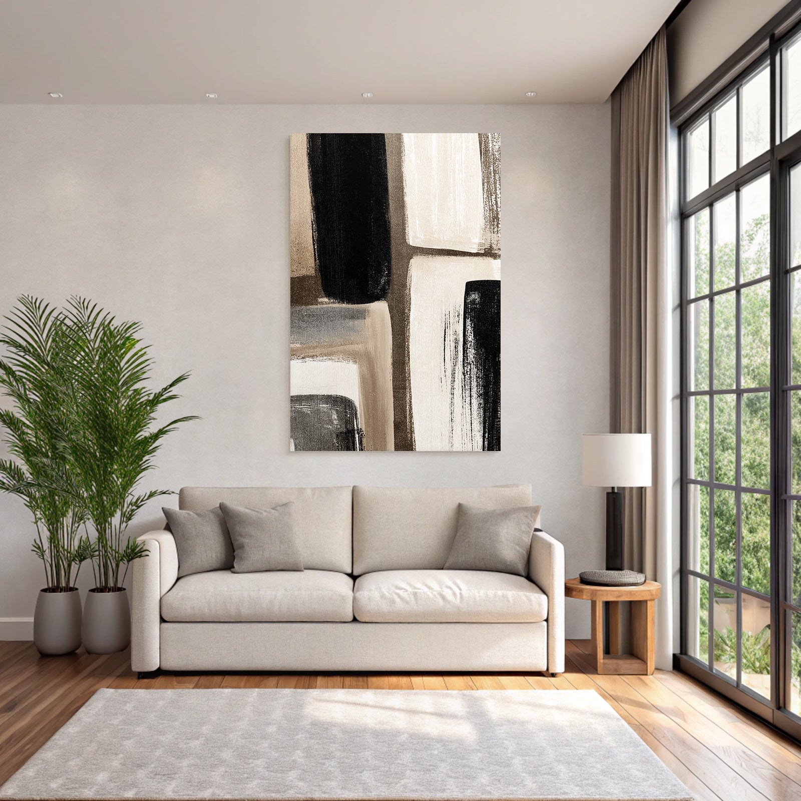 Abstract art with brush strokes in black, white and beige