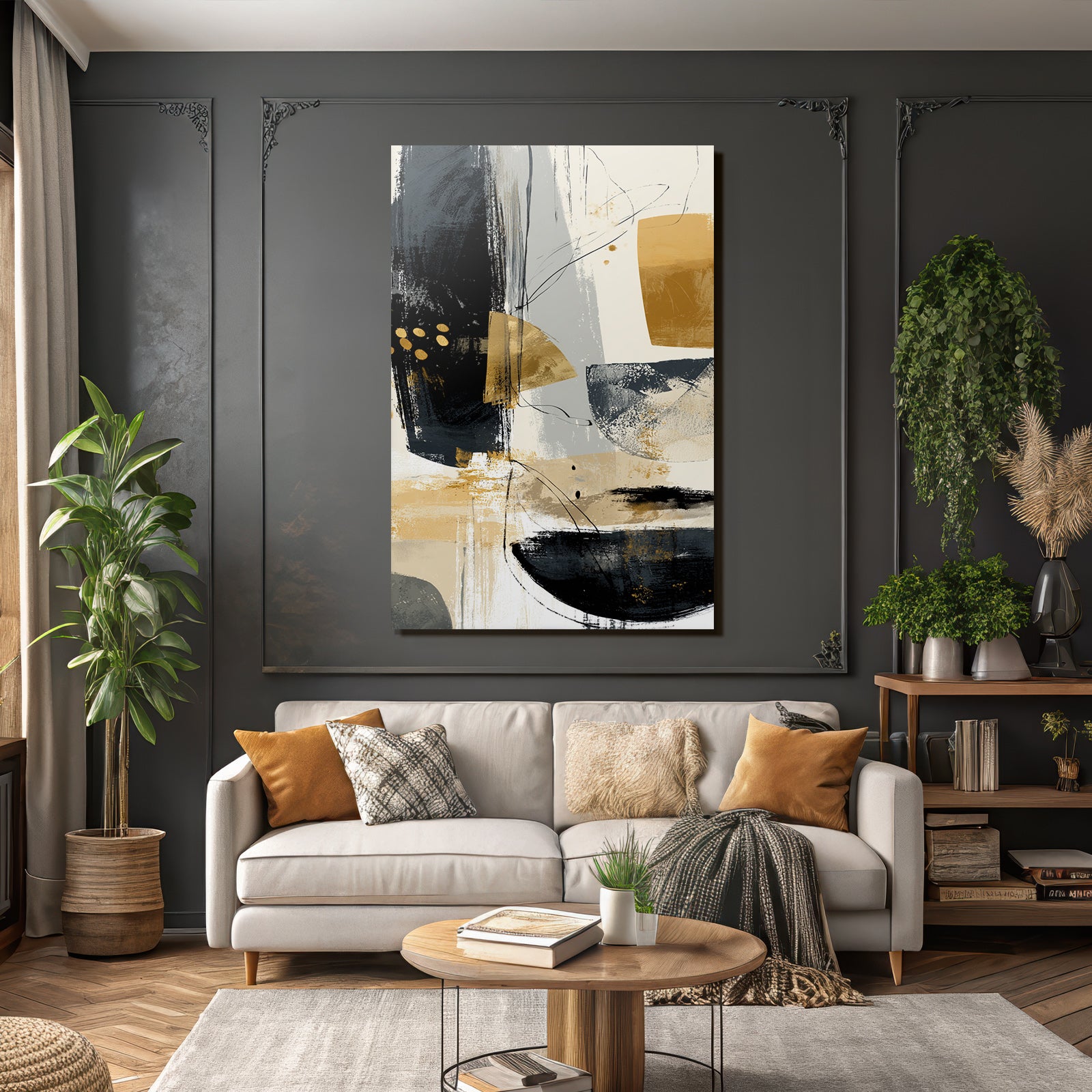 Abstract art with black, gold and grey colors