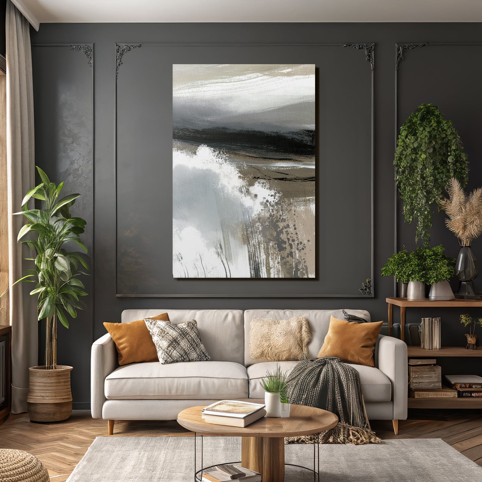 Abstract Painting Fluid Line Elements of Nature Gray Black White