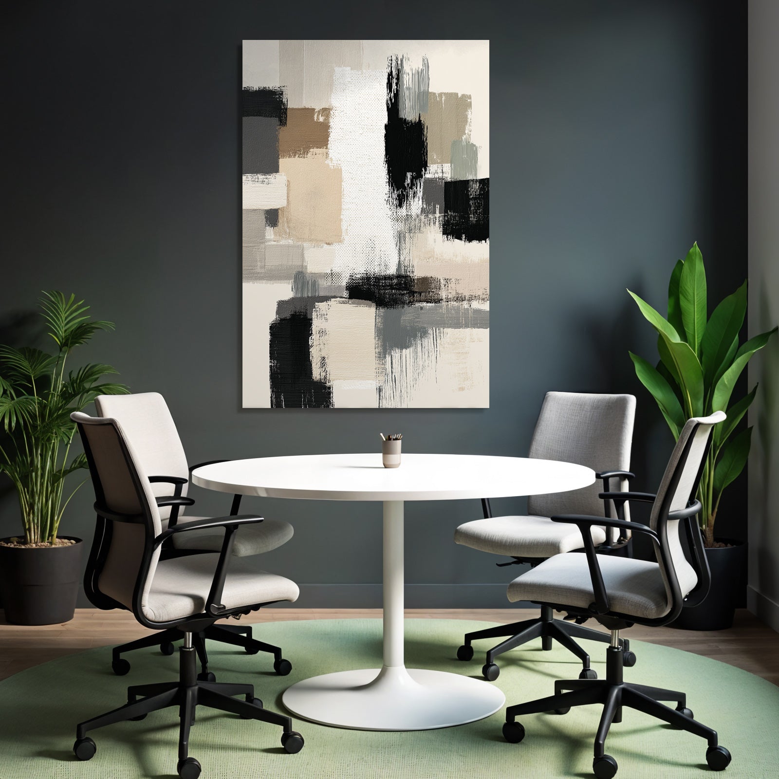 Abstract Painting Geometric Shapes Beige Gray Black and White