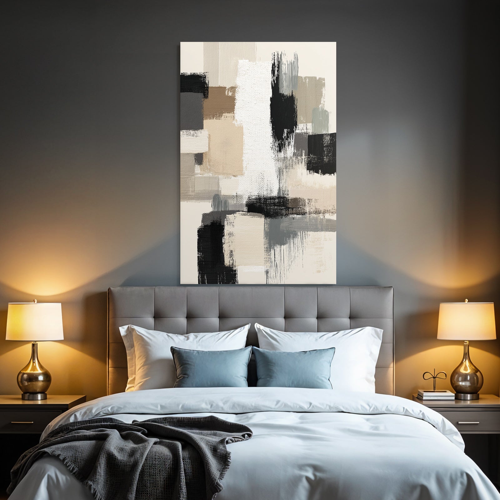 Abstract Painting Geometric Shapes Beige Gray Black and White