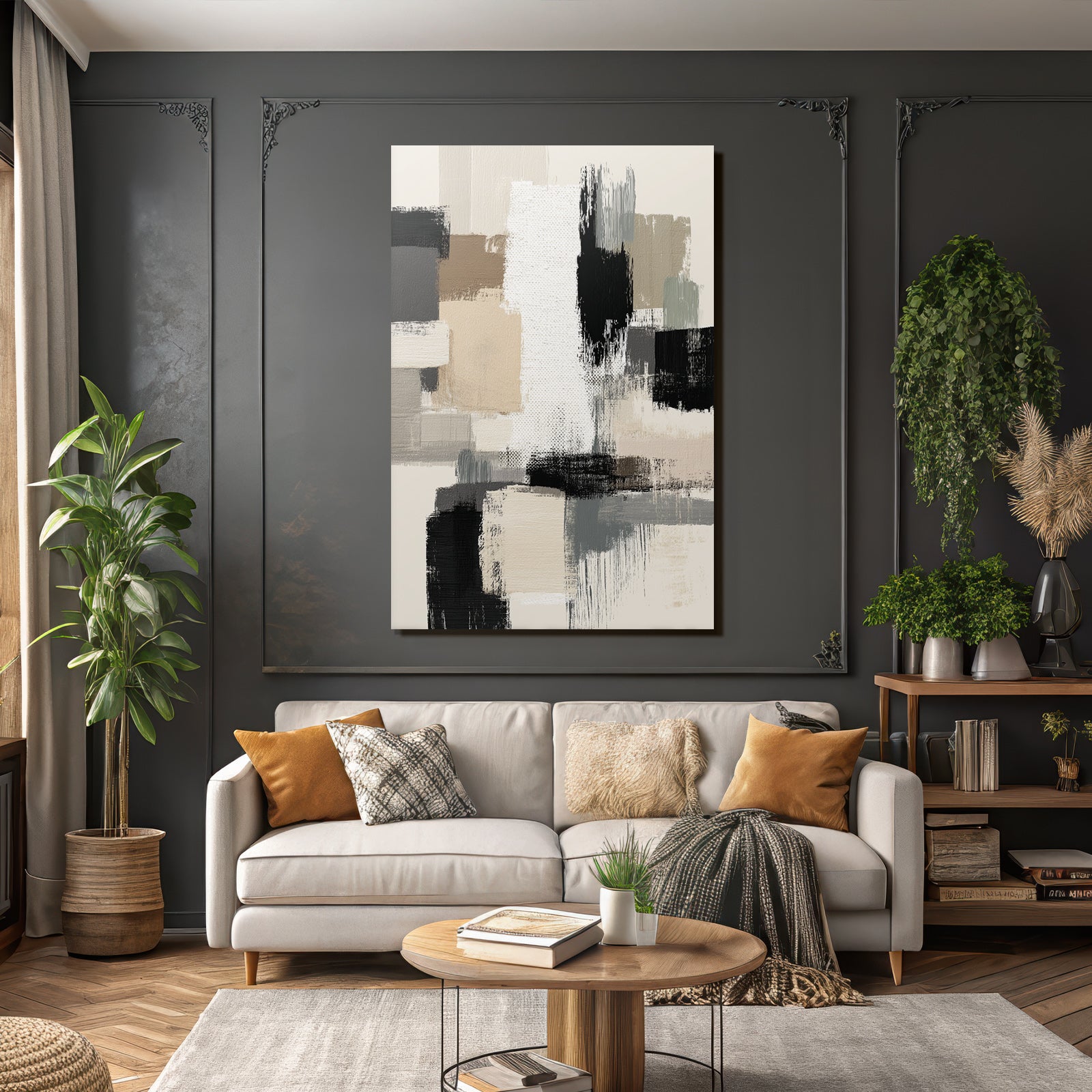 Abstract Painting Geometric Shapes Beige Gray Black and White