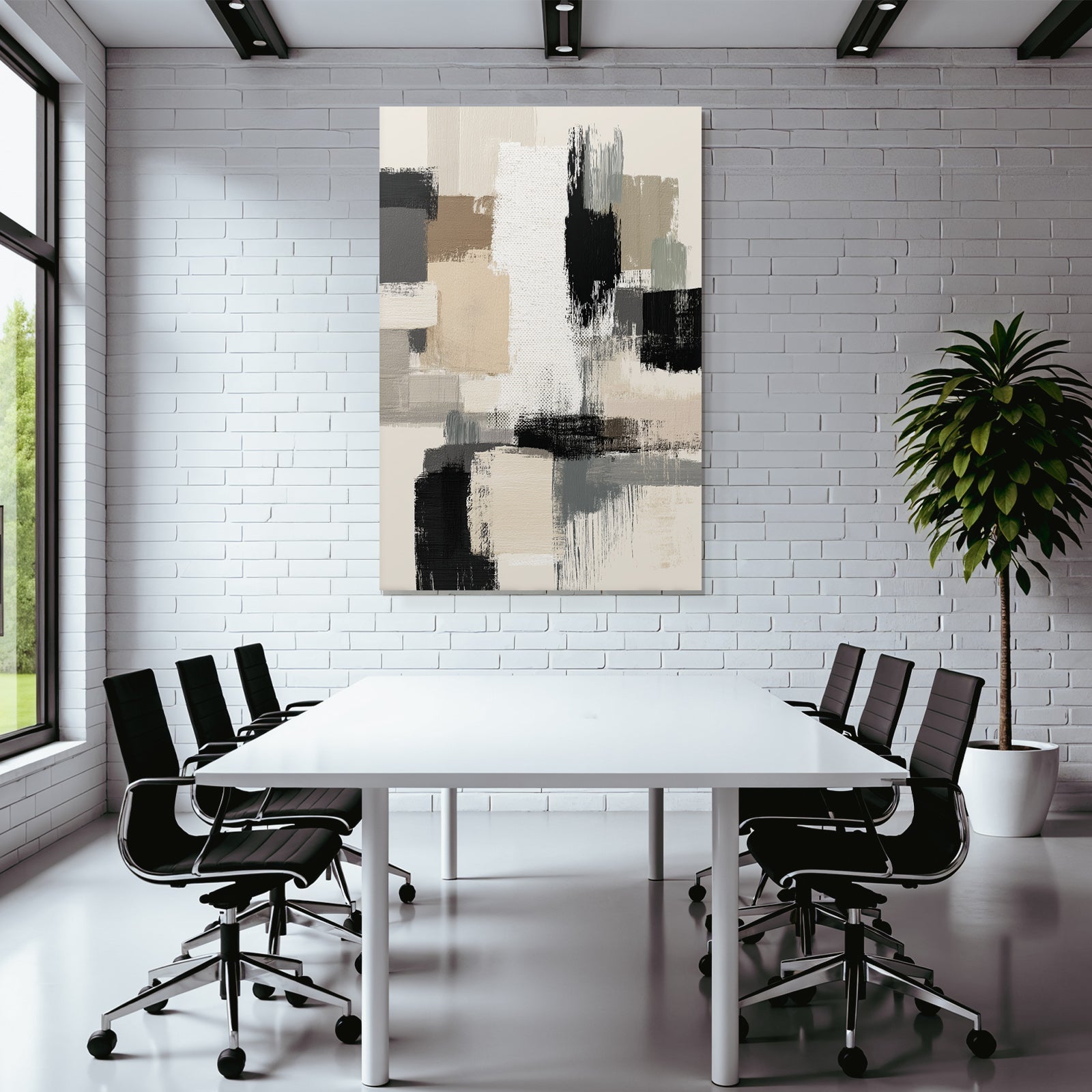 Abstract Painting Geometric Shapes Beige Gray Black and White