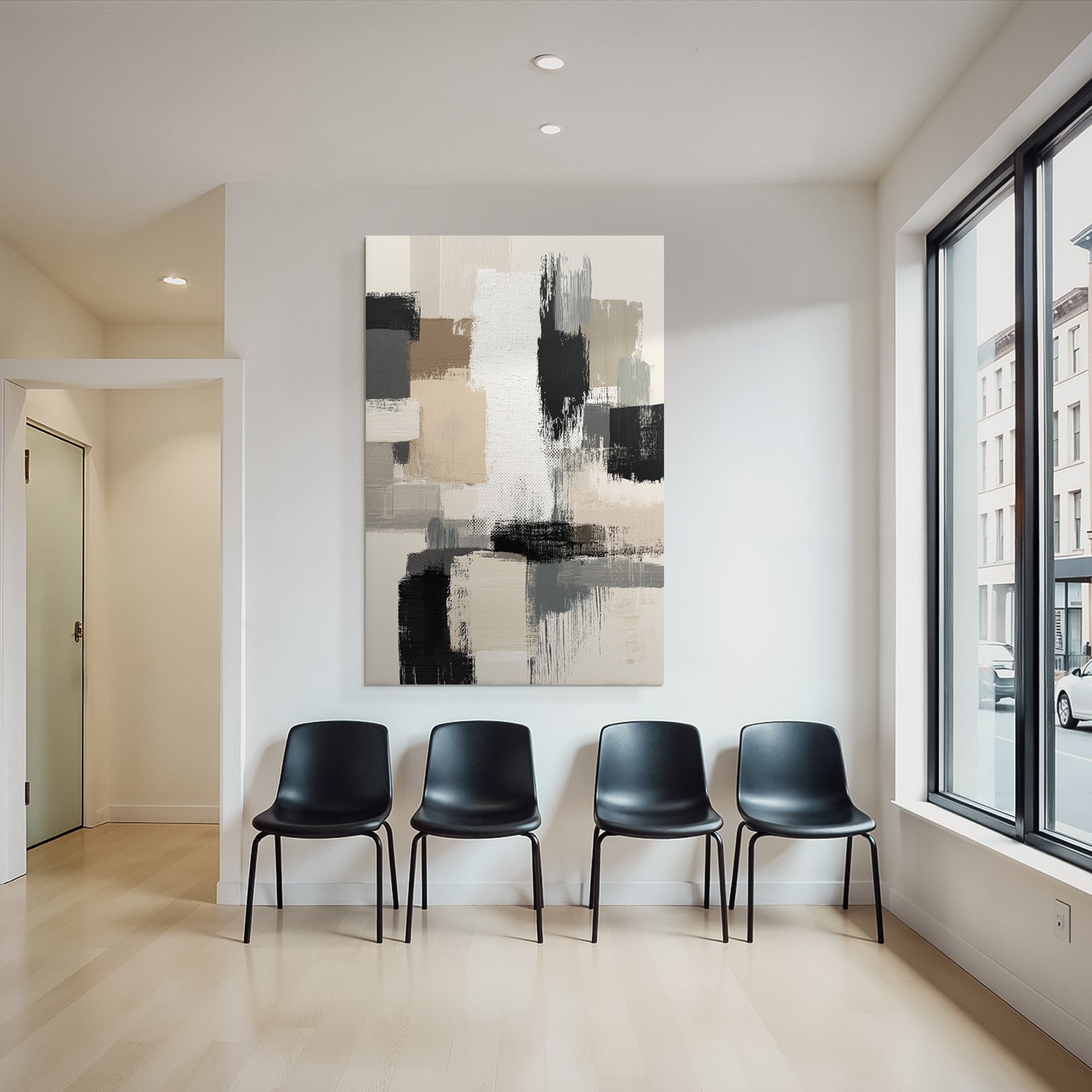 Abstract Painting Geometric Shapes Beige Gray Black and White