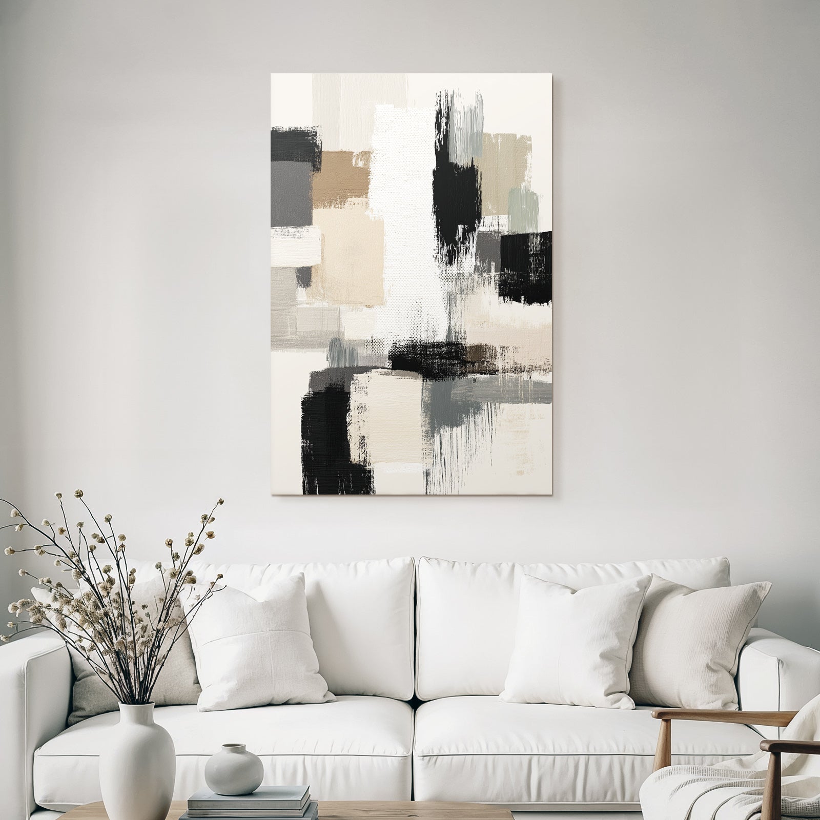 Abstract Painting Geometric Shapes Beige Gray Black and White