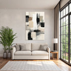 Abstract Painting Geometric Shapes Beige Gray Black and White