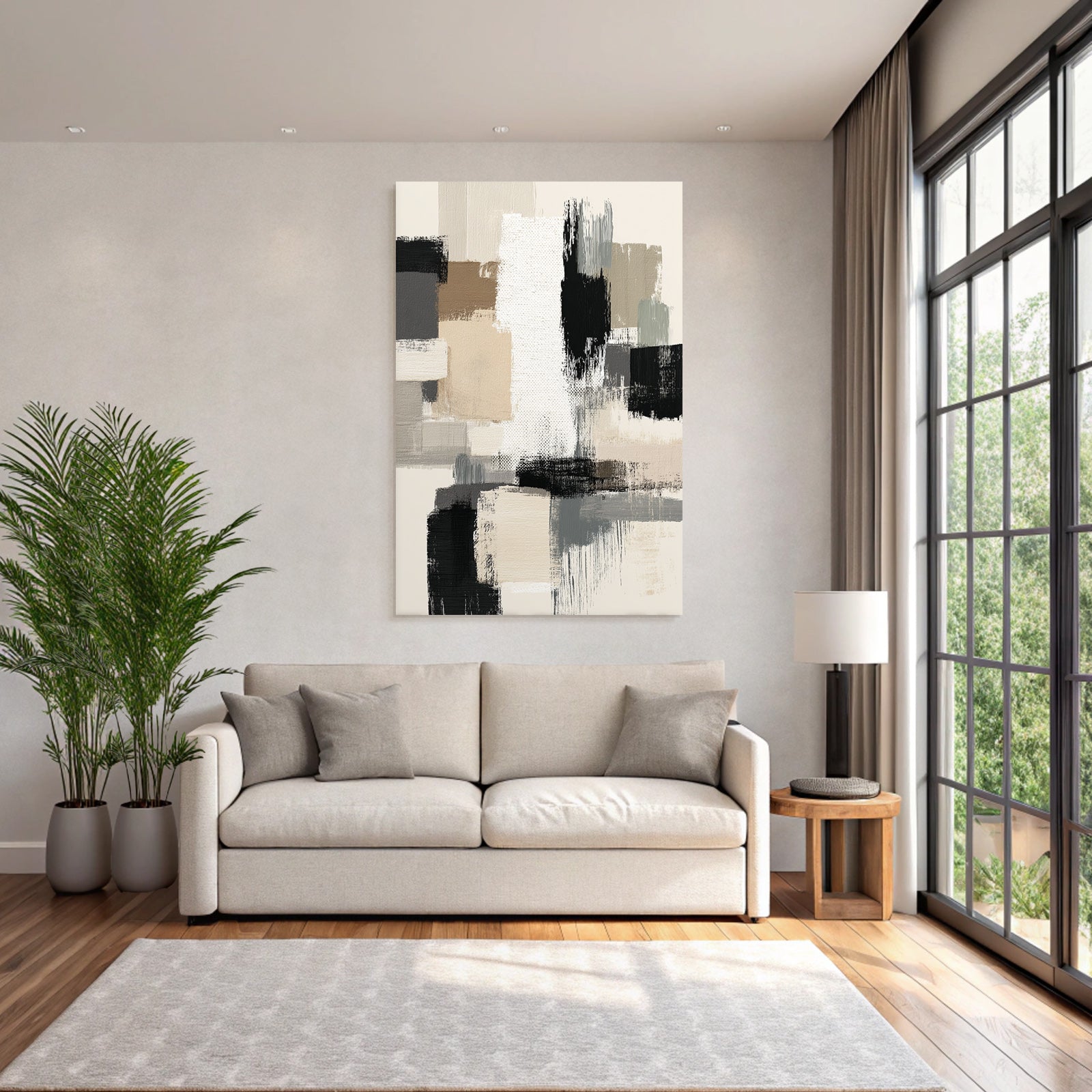 Abstract Painting Geometric Shapes Beige Gray Black and White