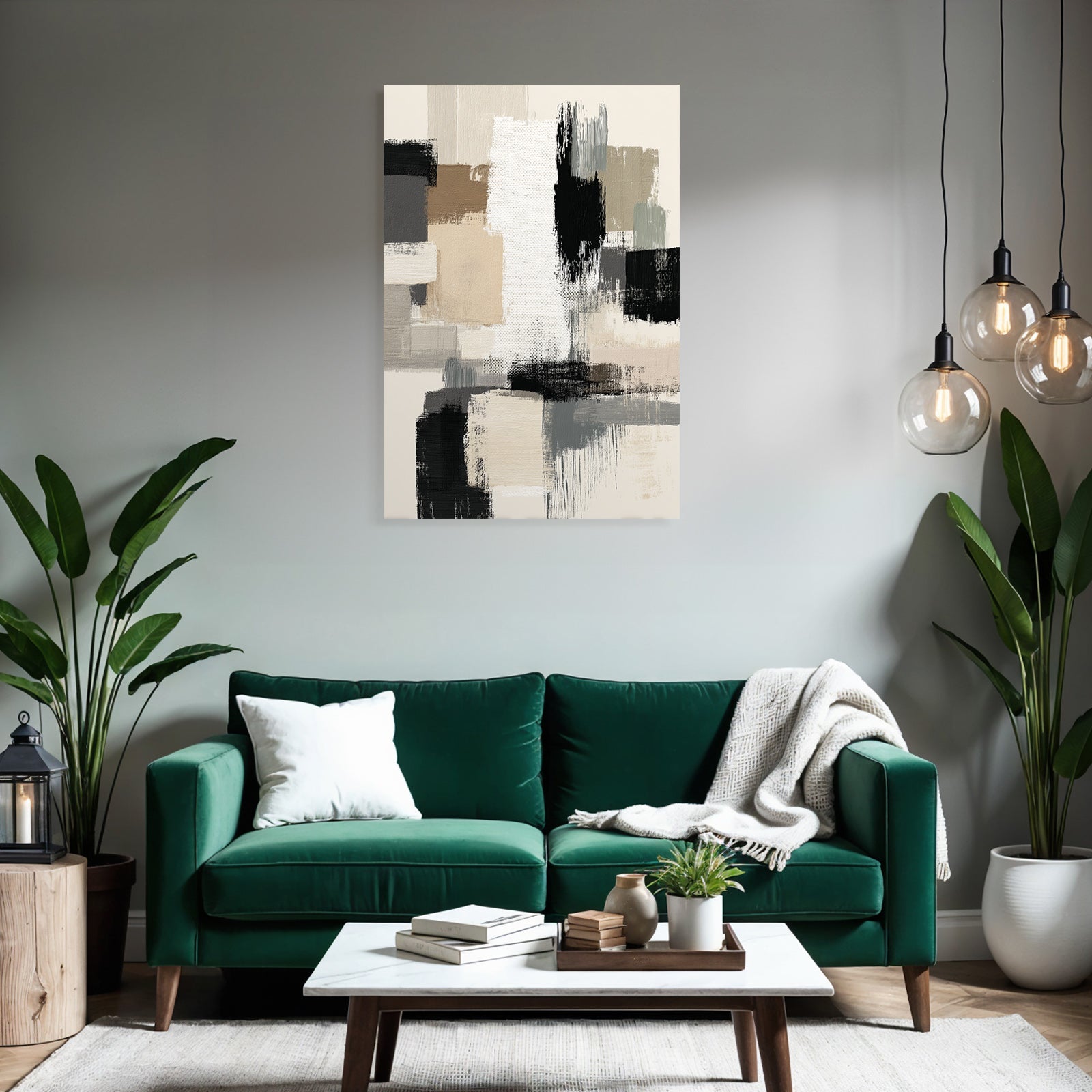 Abstract Painting Geometric Shapes Beige Gray Black and White