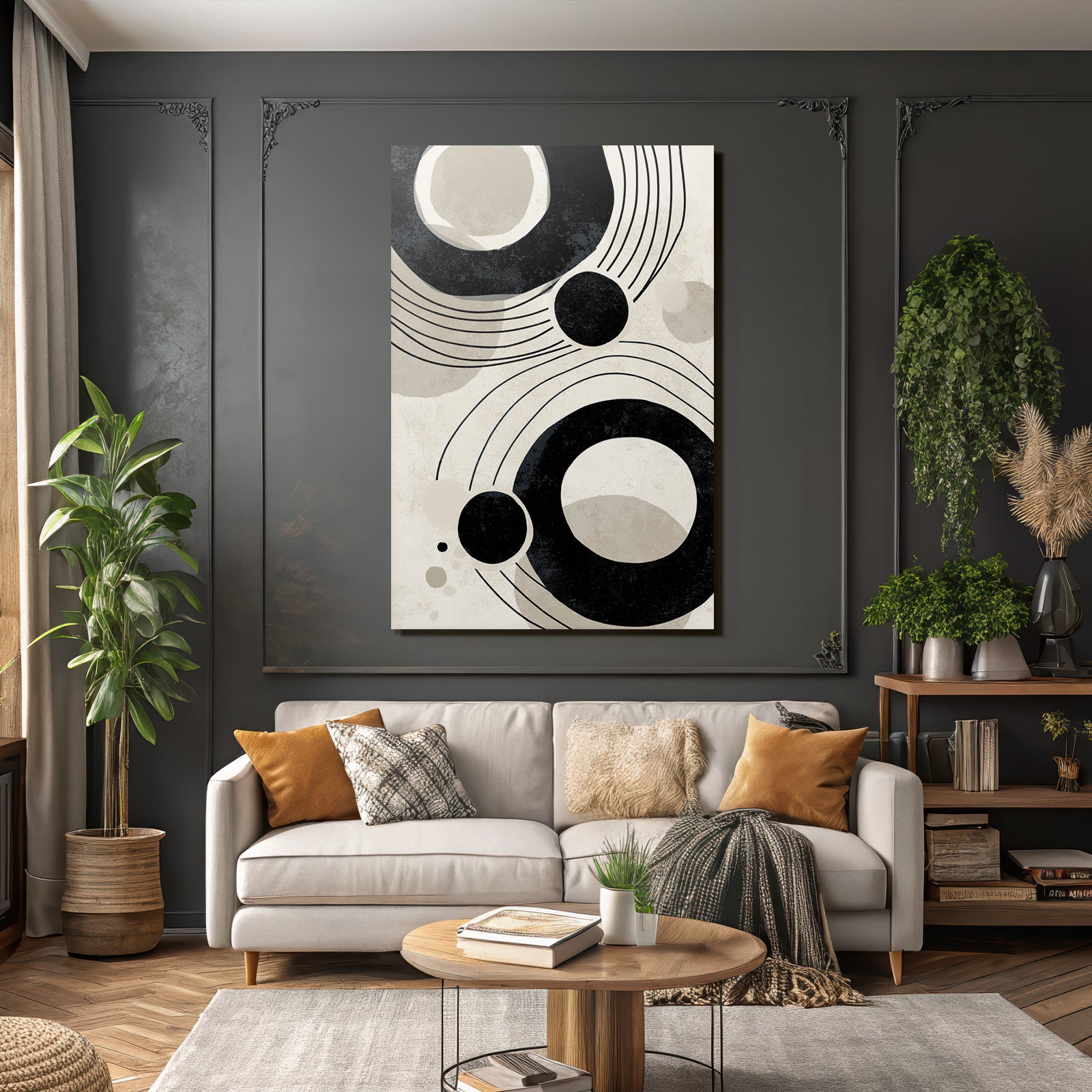 Abstraktes Design Kreisformen Und Gekruemmte Linien Beige Und Schwarz