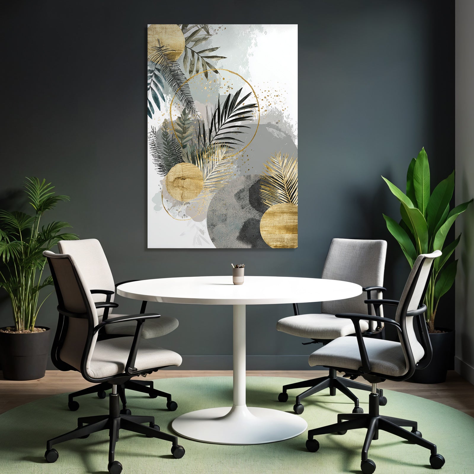 Botanical Abstract Art with Green, Grey and Gold