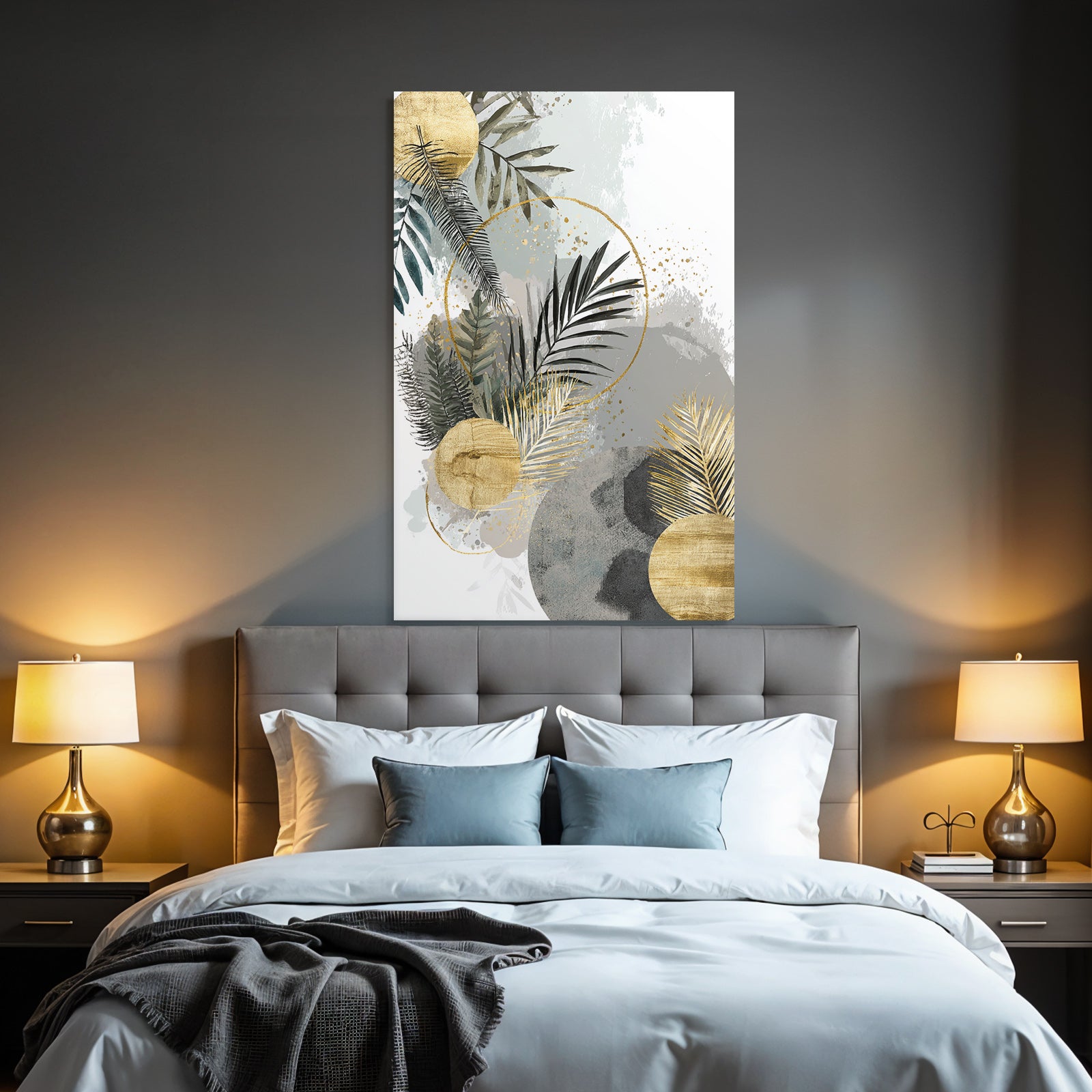 Botanical Abstract Art with Green, Grey and Gold