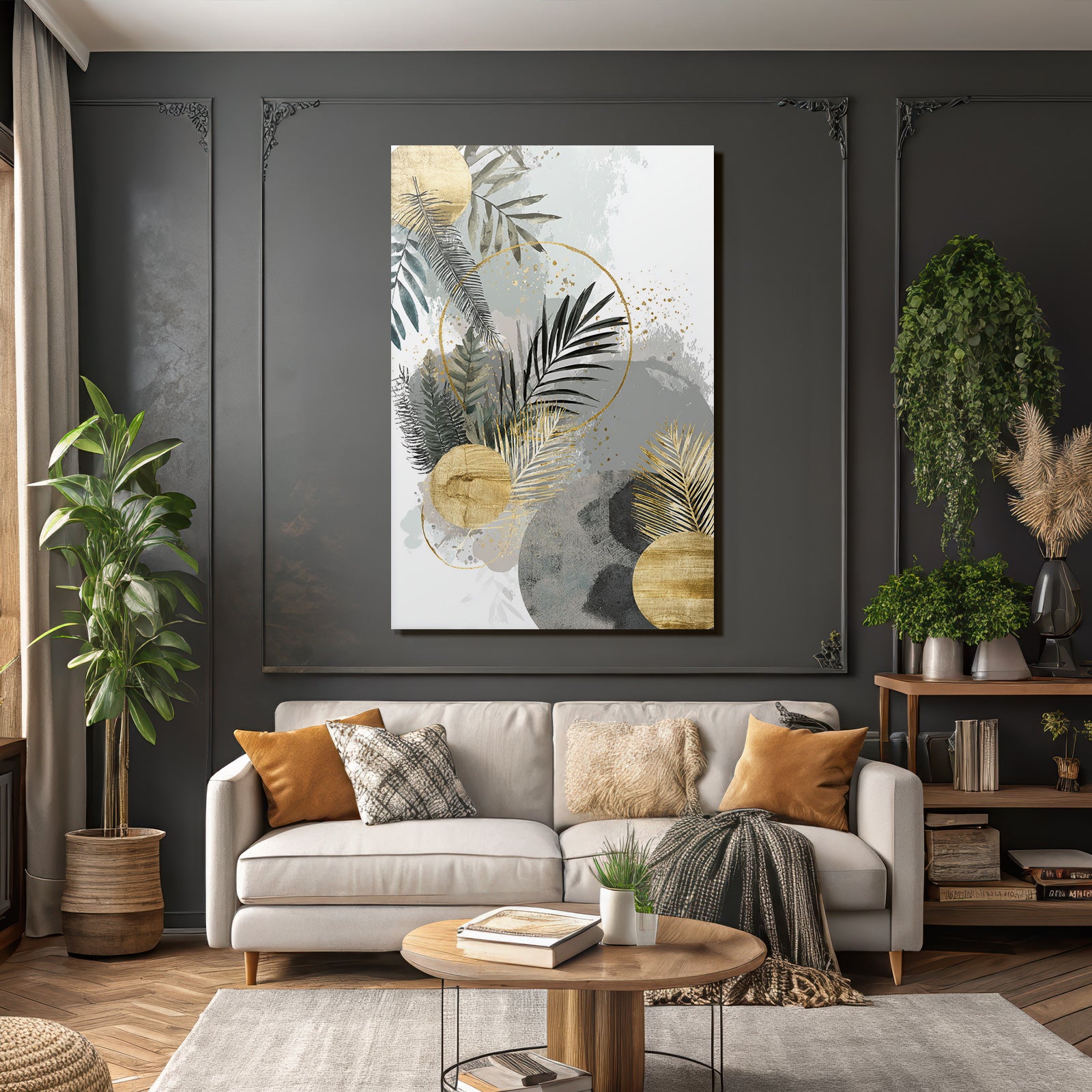 Botanical Abstract Art with Green, Grey and Gold