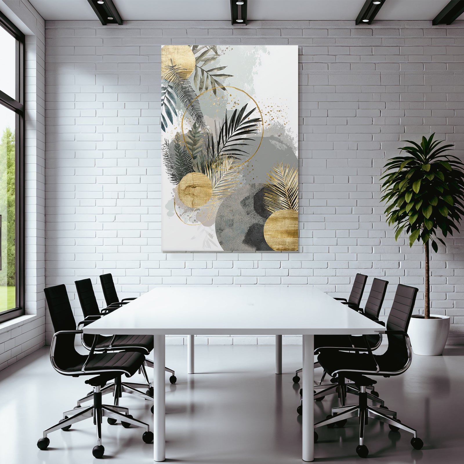 Botanical Abstract Art with Green, Grey and Gold