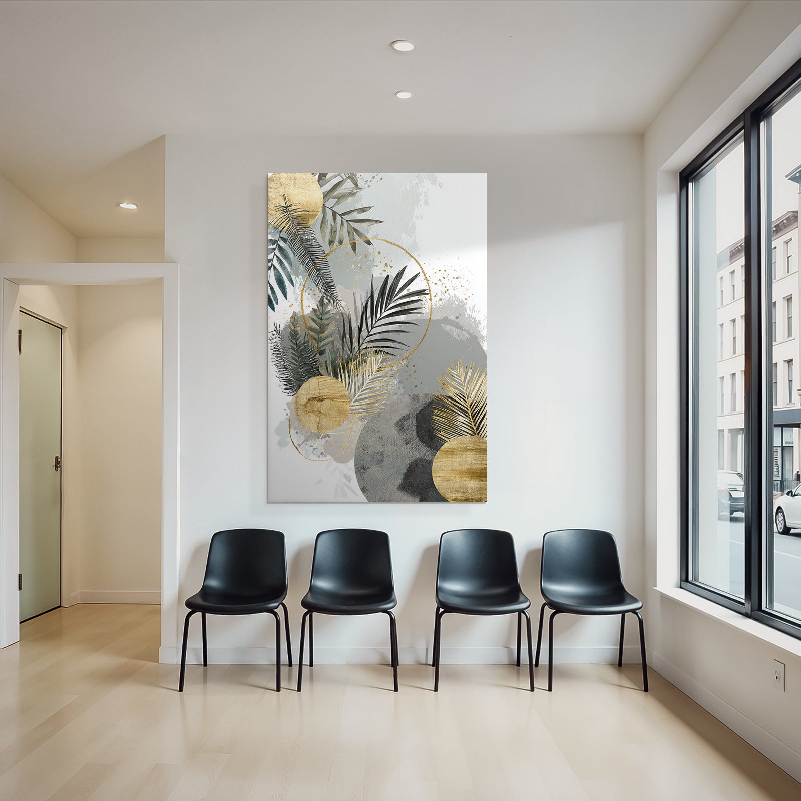 Botanical Abstract Art with Green, Grey and Gold