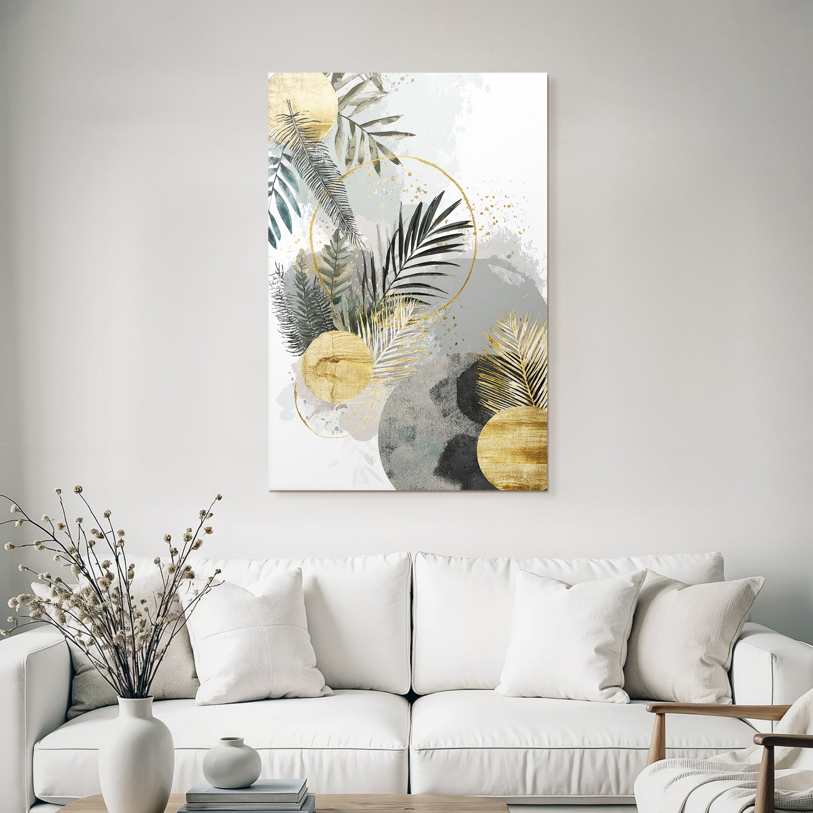 Botanical Abstract Art with Green, Grey and Gold