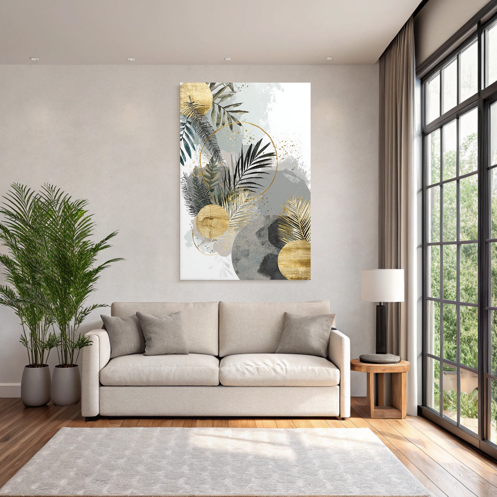 Botanical Abstract Art with Green, Grey and Gold