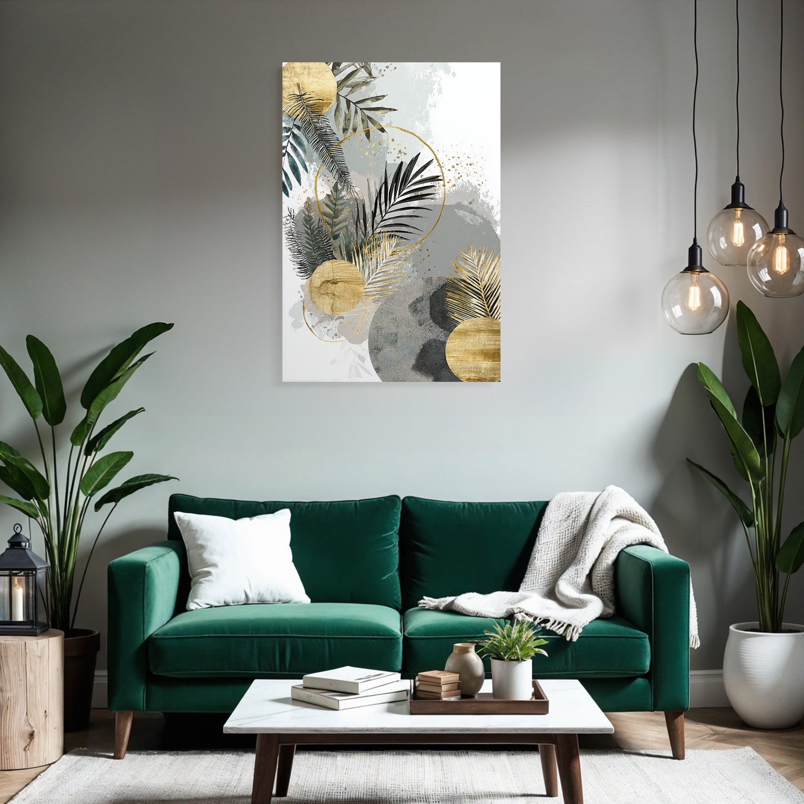 Botanical Abstract Art with Green, Grey and Gold
