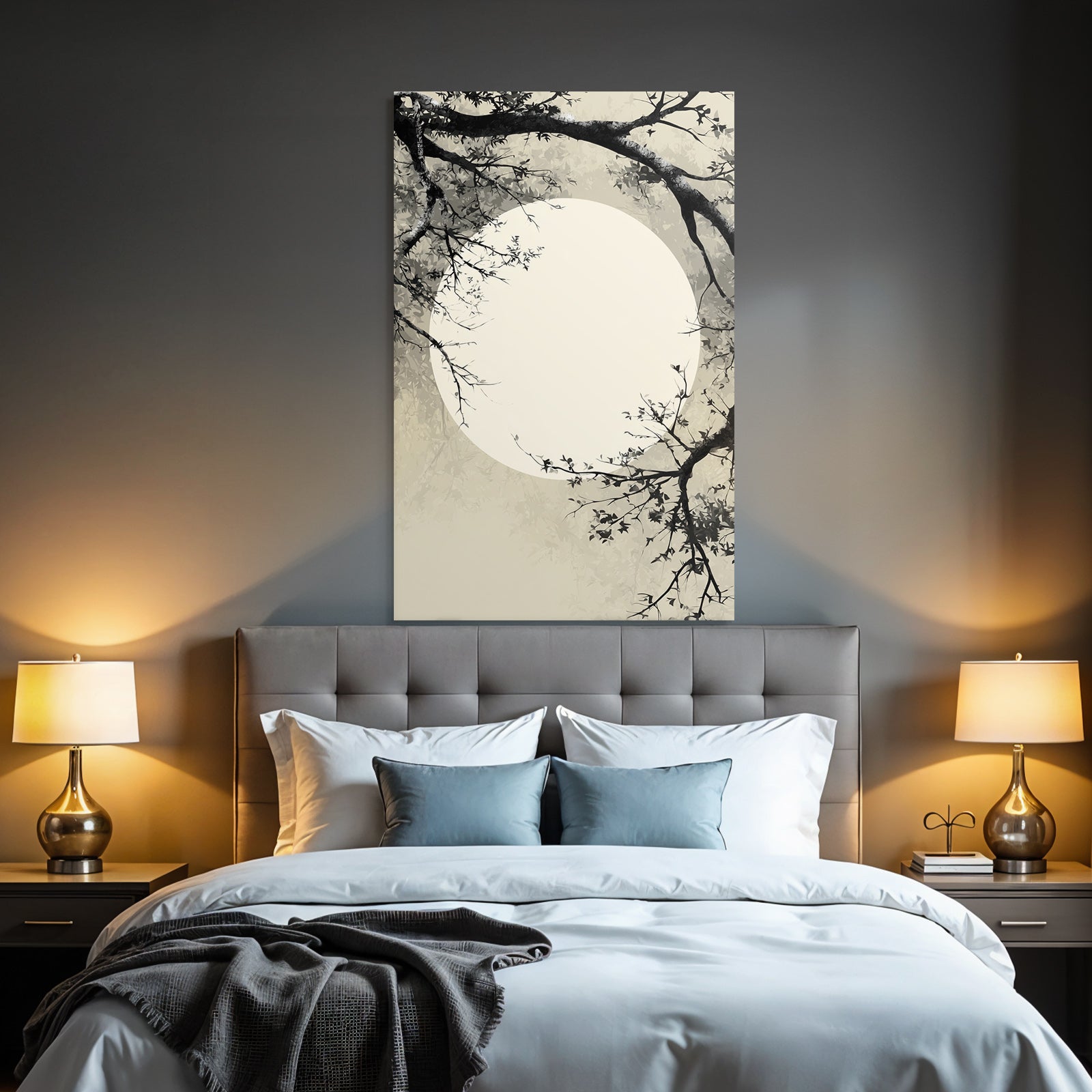 Landscape with Moon and Goose Grayscale Traditional Asian Art