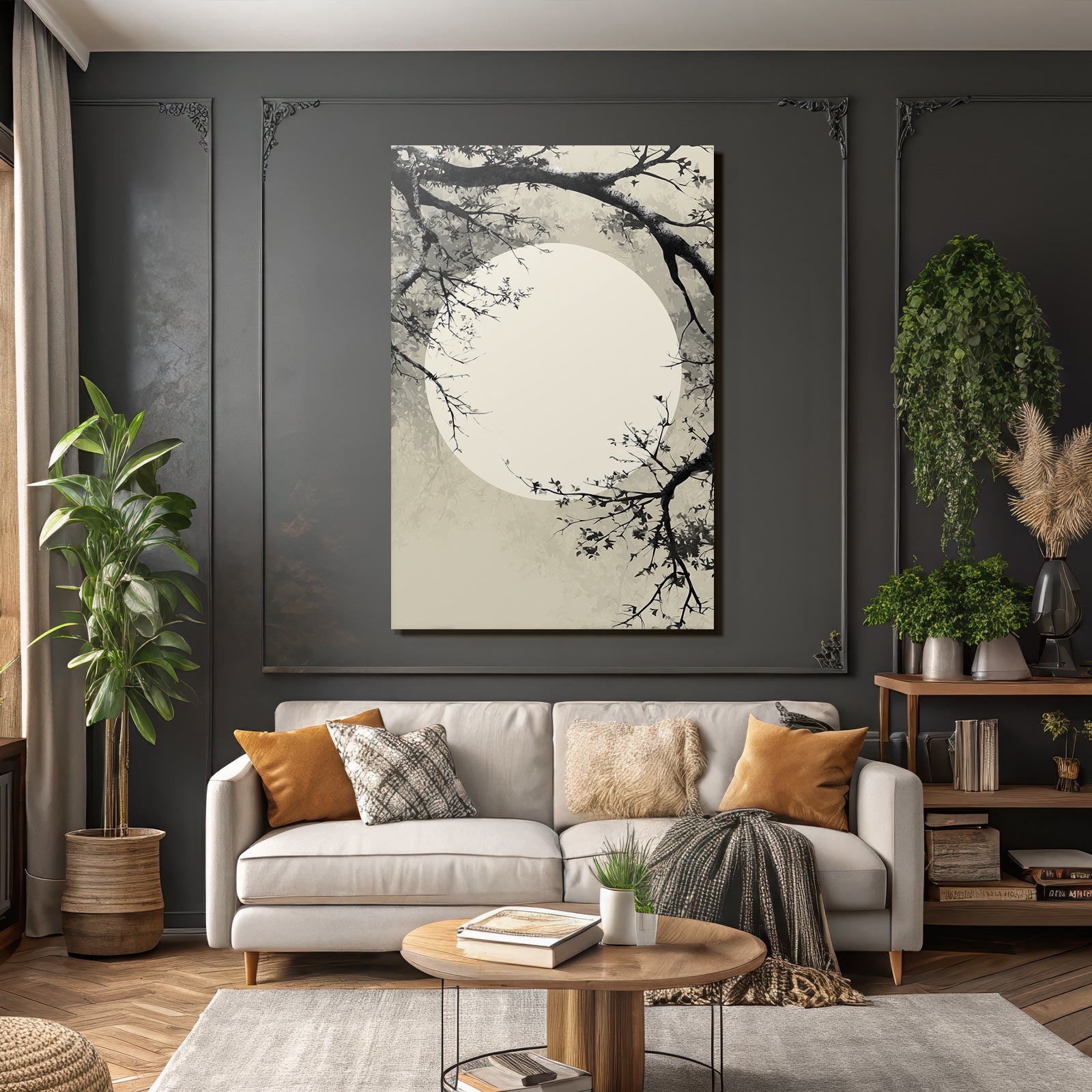 Landscape with Moon and Goose Grayscale Traditional Asian Art