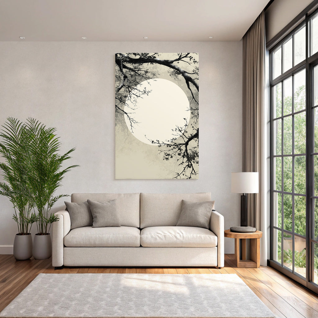 Landschaft Mit Mond Und Gaenze Grayscale Traditionelle Asian Kunst