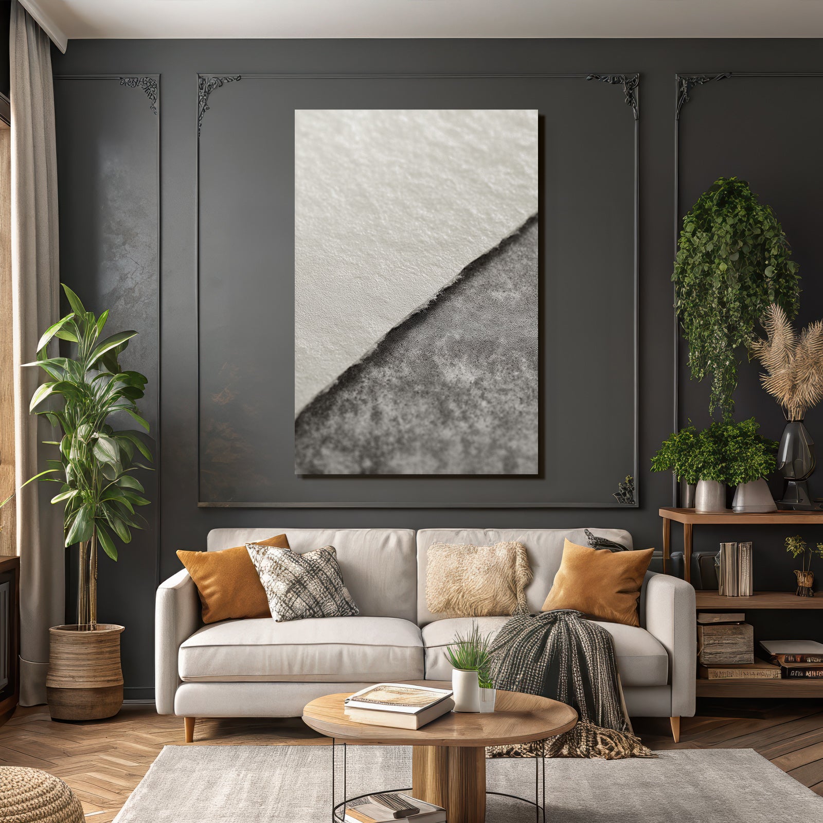 Light-colored smooth paper and dark textured surface
