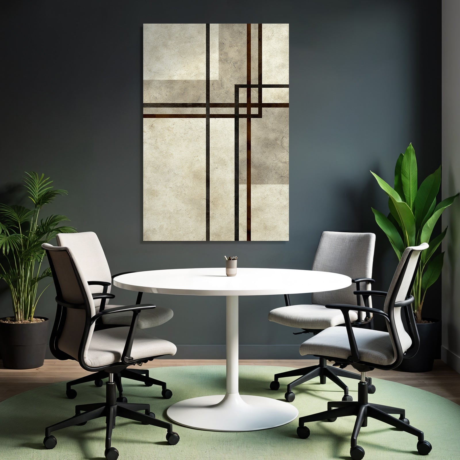 Minimalist abstract design with overlapping lines and shapes, beige, brown, black