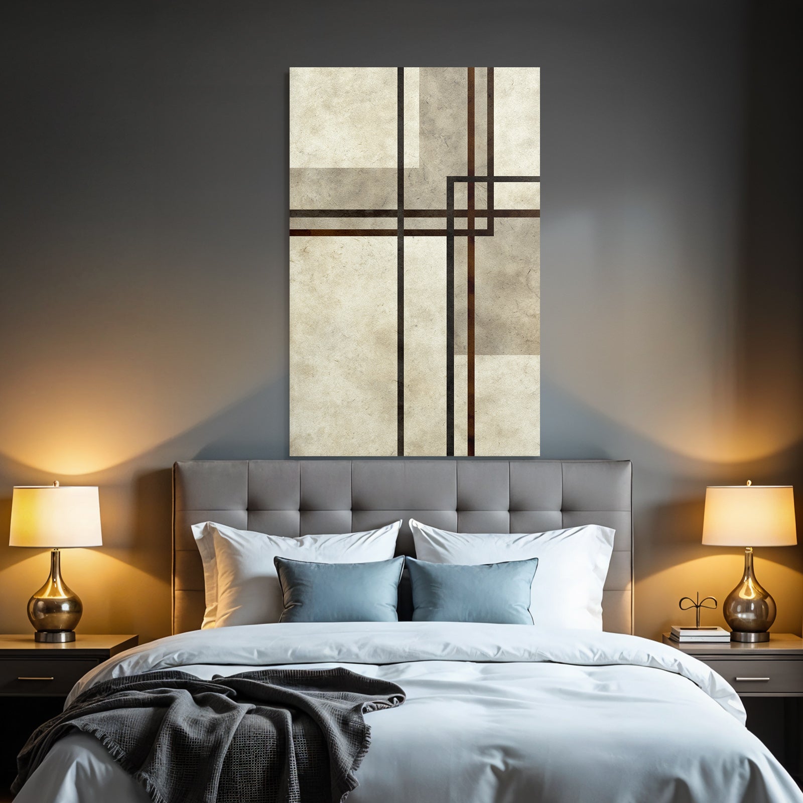 Minimalist abstract design with overlapping lines and shapes, beige, brown, black
