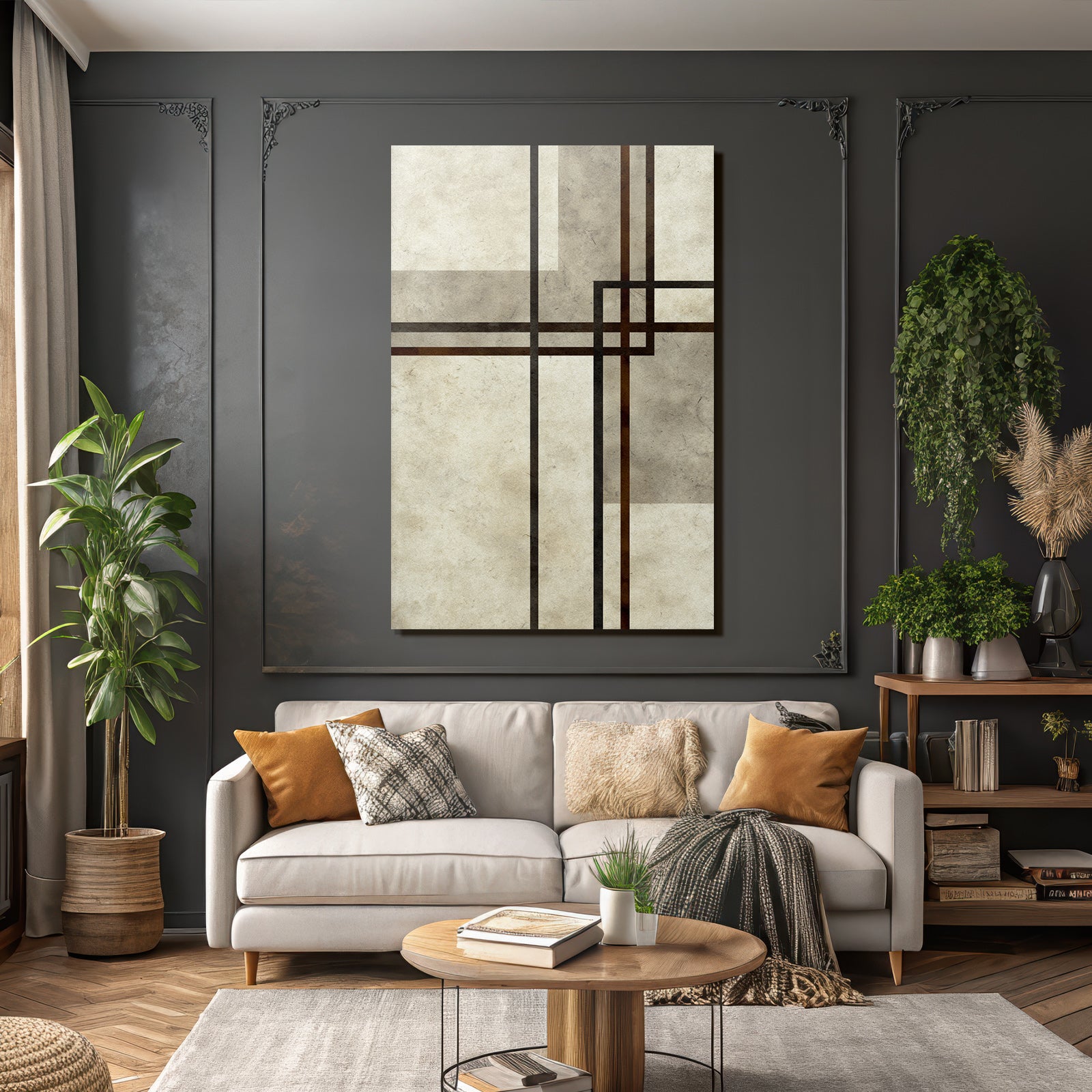 Minimalist abstract design with overlapping lines and shapes, beige, brown, black