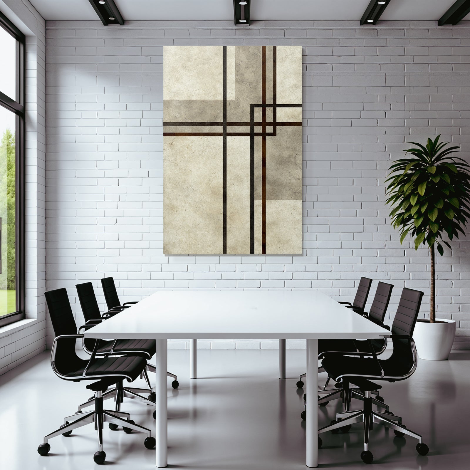 Minimalist abstract design with overlapping lines and shapes, beige, brown, black