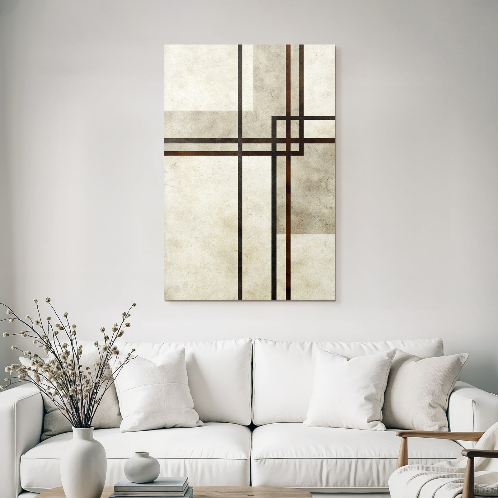 Minimalist abstract design with overlapping lines and shapes, beige, brown, black