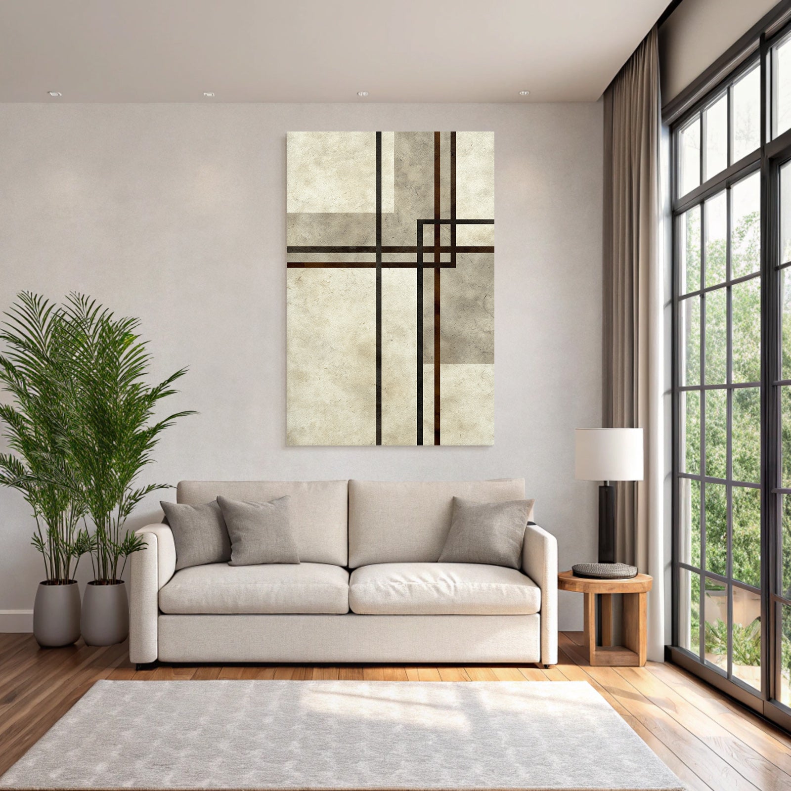 Minimalist abstract design with overlapping lines and shapes, beige, brown, black