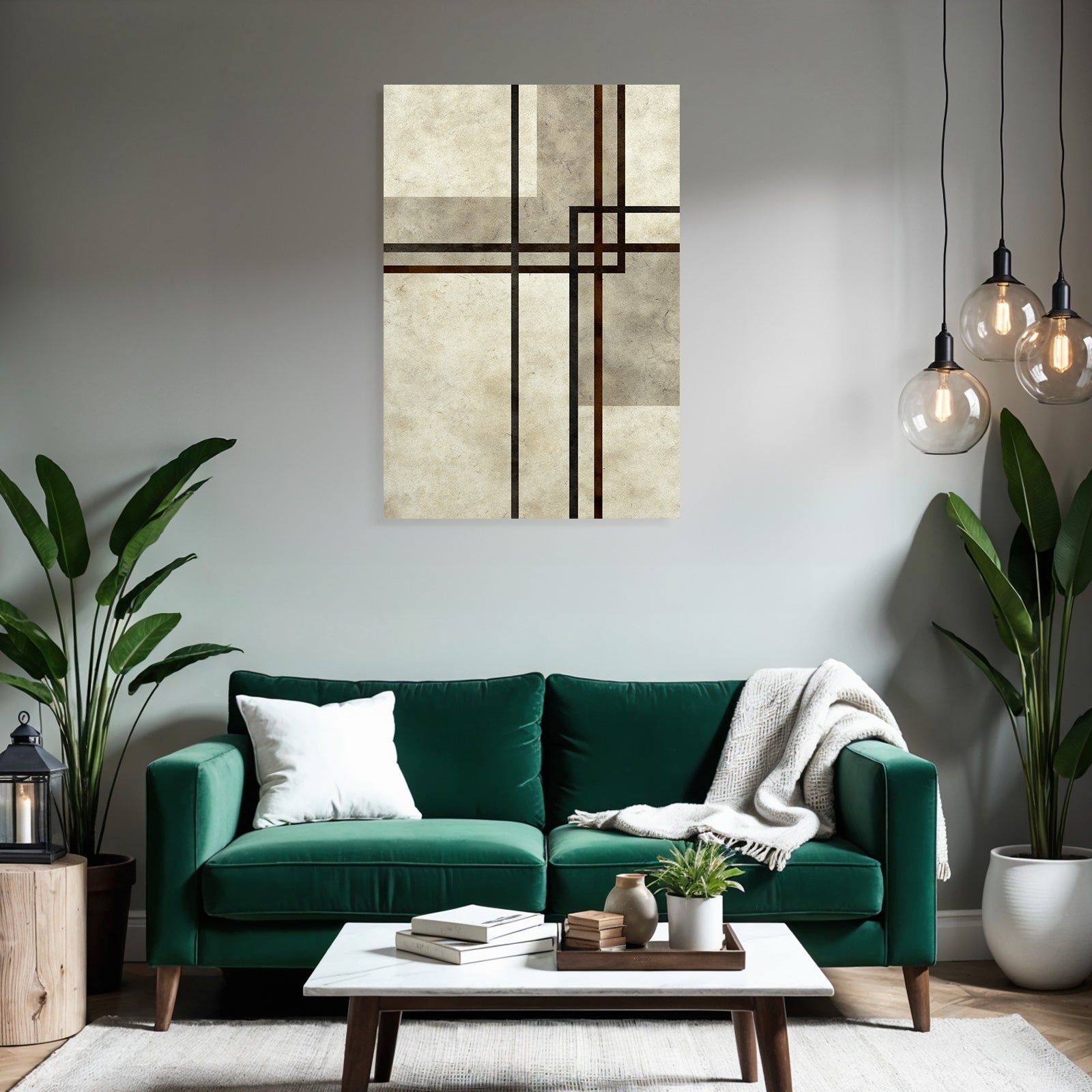 Minimalist abstract design with overlapping lines and shapes, beige, brown, black