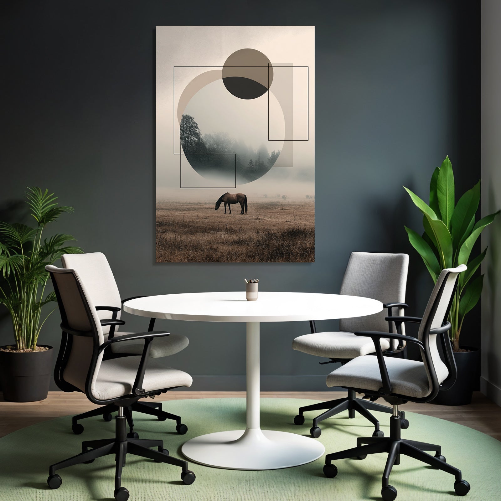 Misty Landscape With Horse Geometric Shapes Abstract