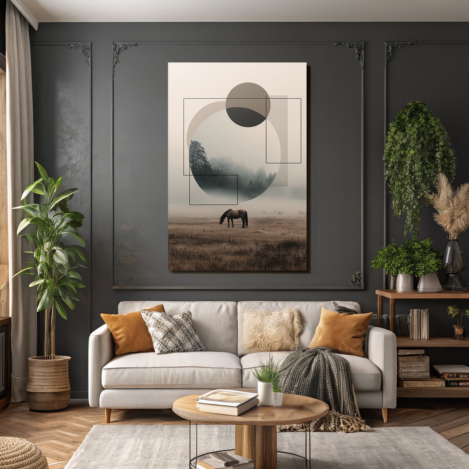 Misty Landscape With Horse Geometric Shapes Abstract