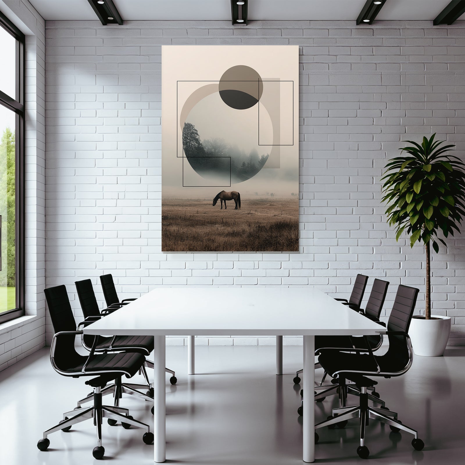 Misty Landscape With Horse Geometric Shapes Abstract