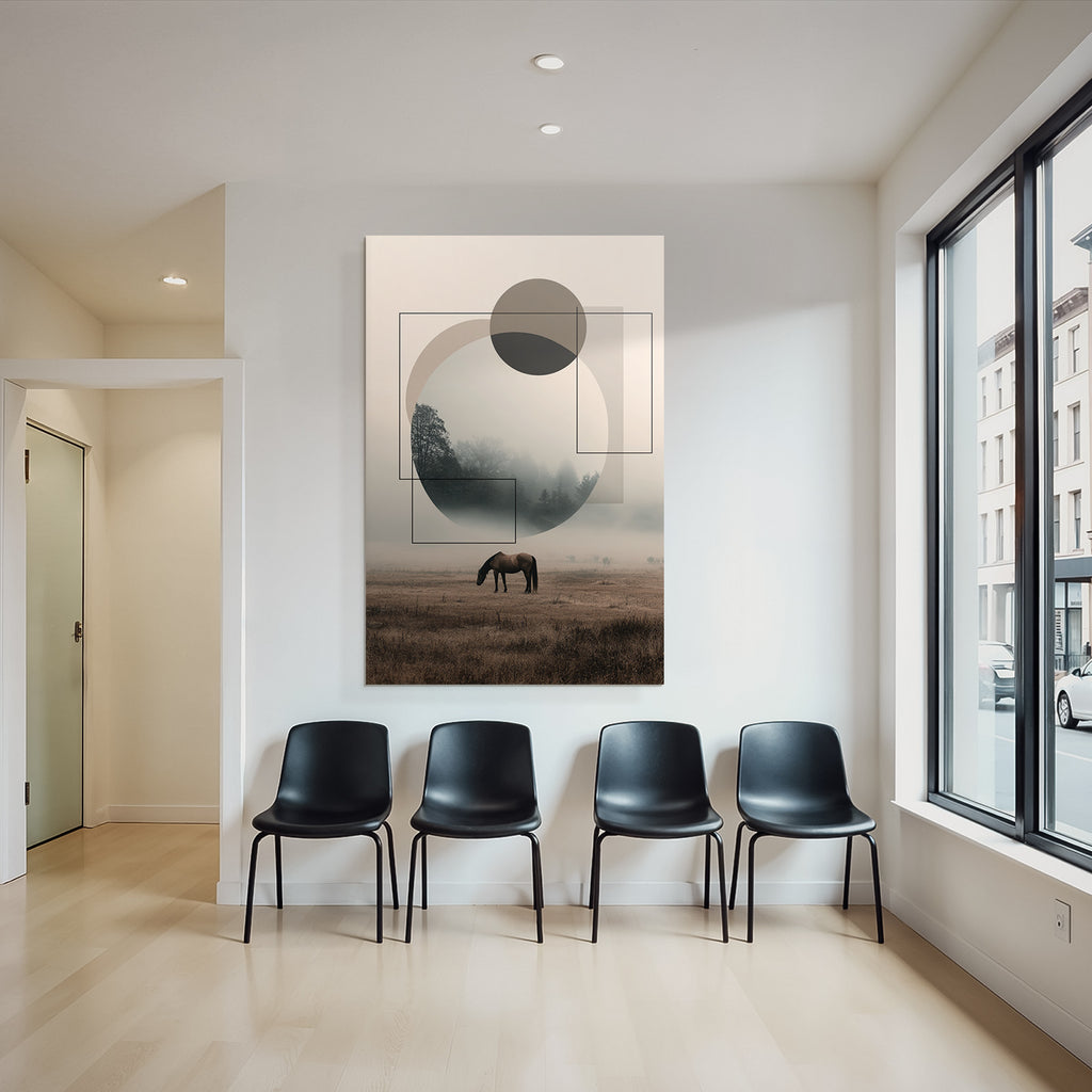 Mistige Landschaft Mit Pferd Geometrische Formen Abstrakt
