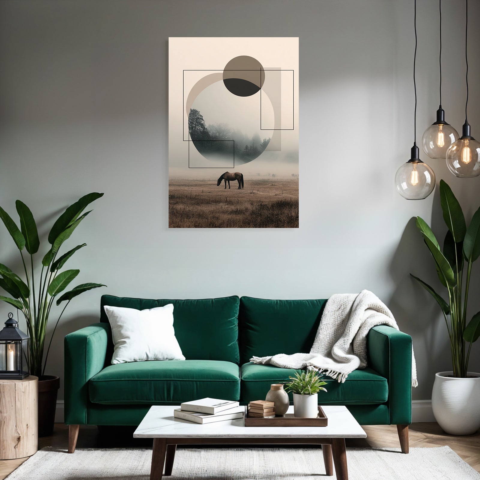 Misty Landscape With Horse Geometric Shapes Abstract