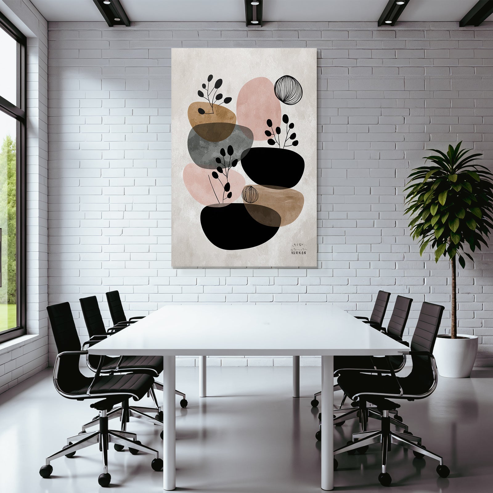 Modern Abstract Art with Botanical Elements Earth Tone Pastel Colors