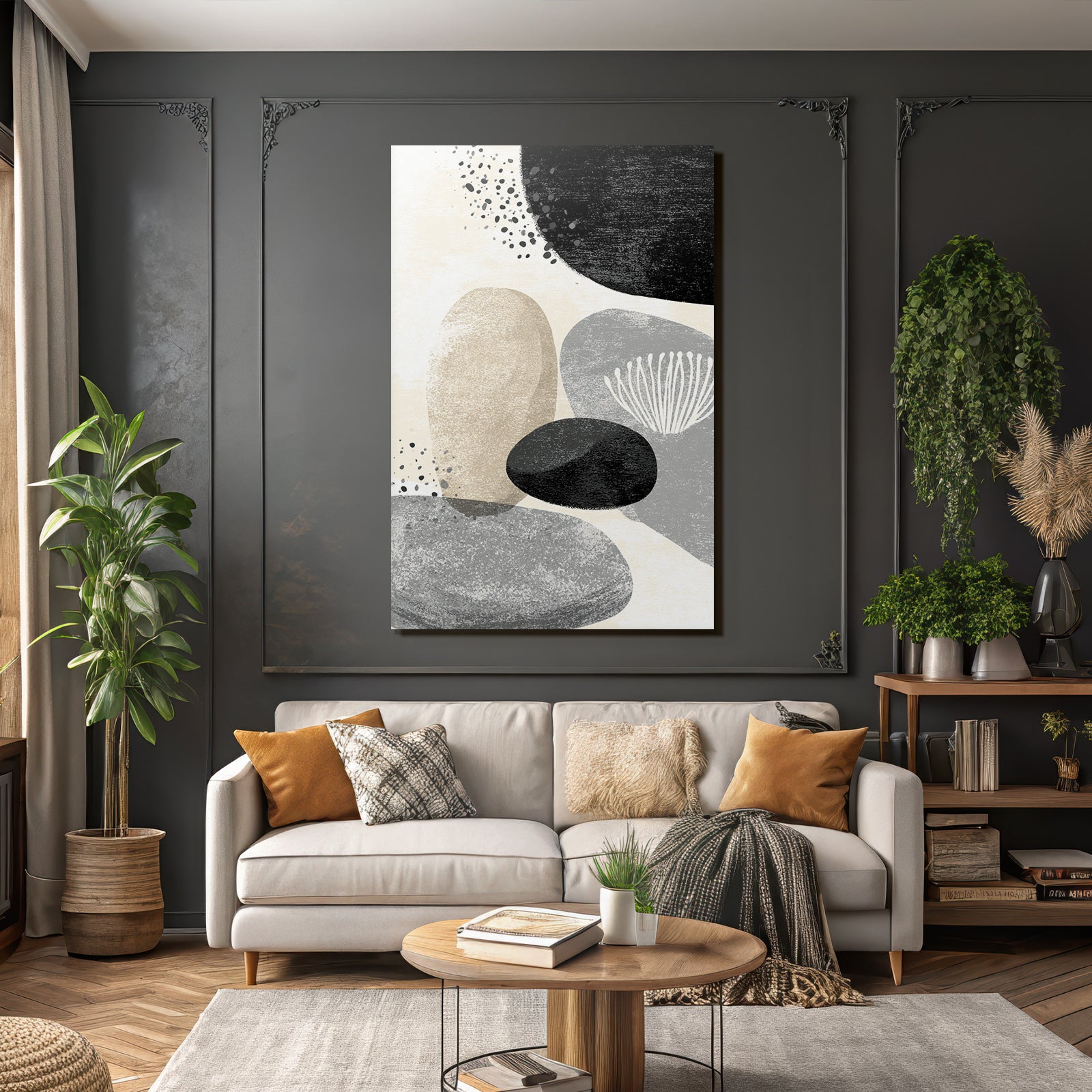 Modern Abstract Design Round Shape Gray Beige Black Minimalist Pattern