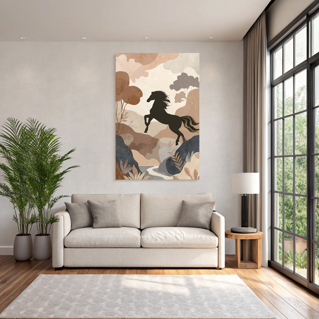 Pferd Springend In Natur Erdtoene Minimalistisch Kunst