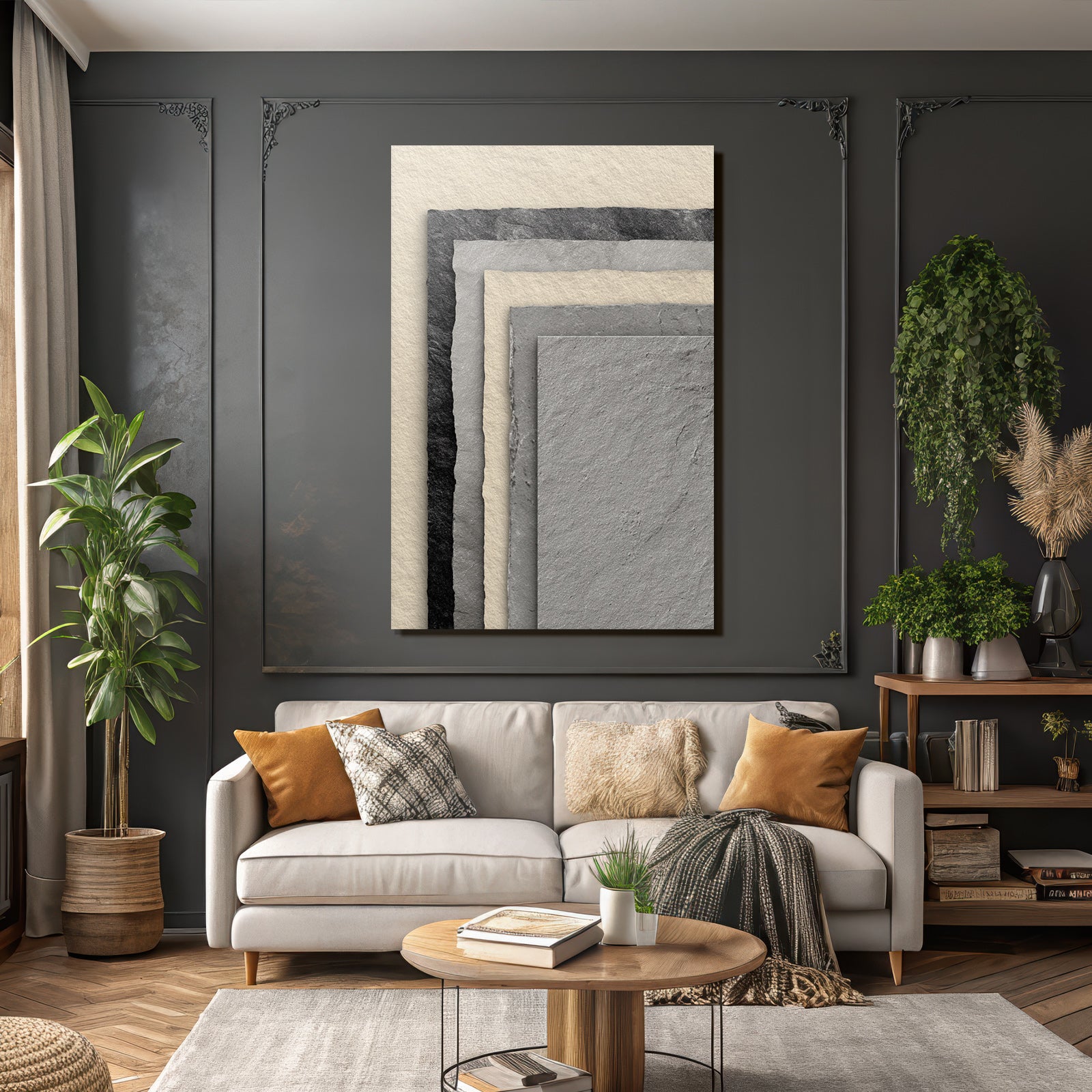 Layered paper textures in black, grey and cream