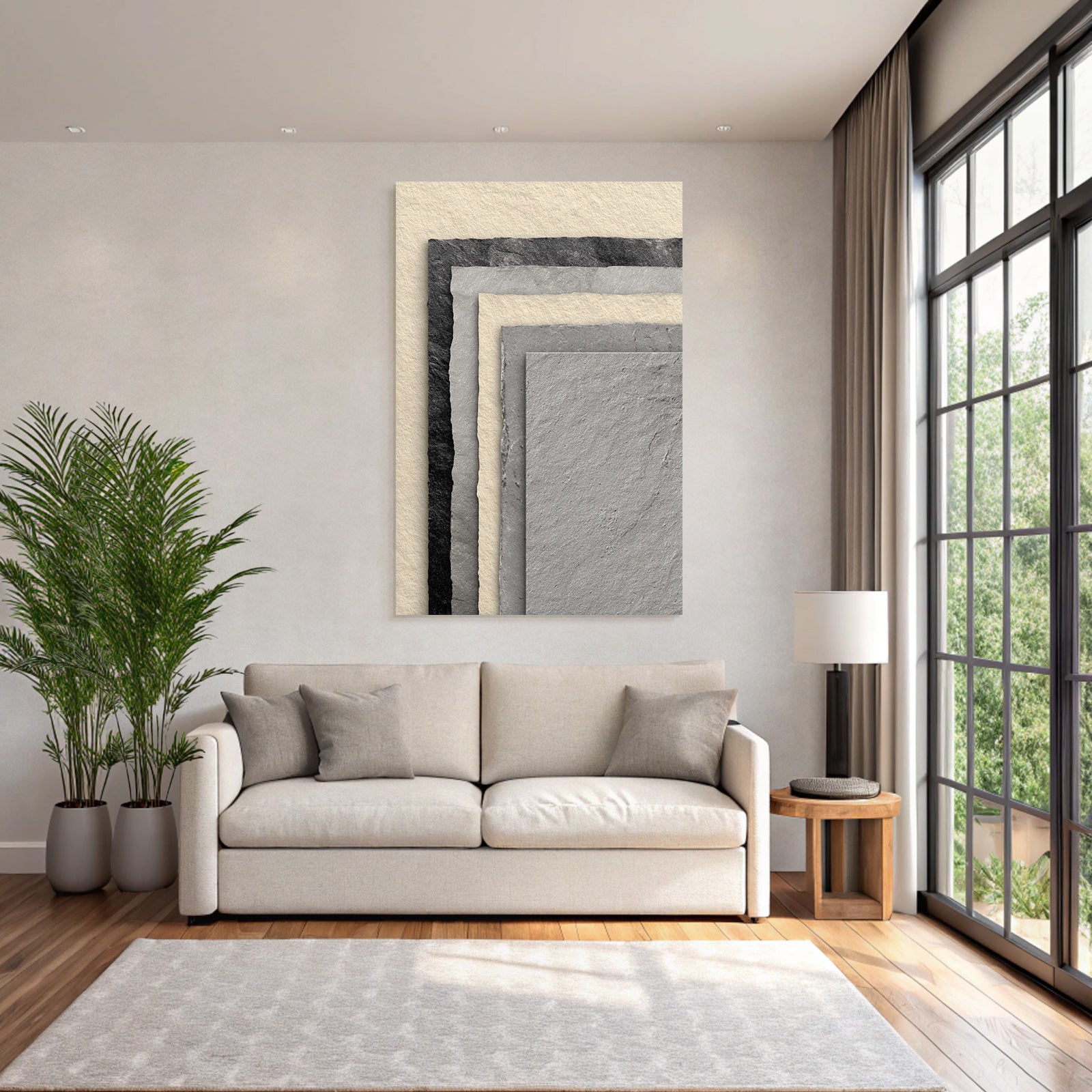 Layered paper textures in black, grey and cream