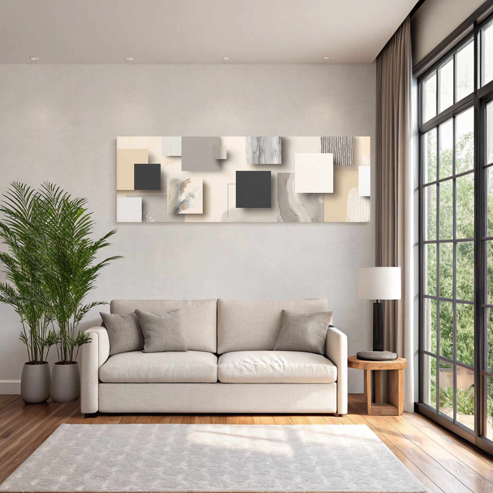 Abstract arrangement of shapes and textures in neutral colors