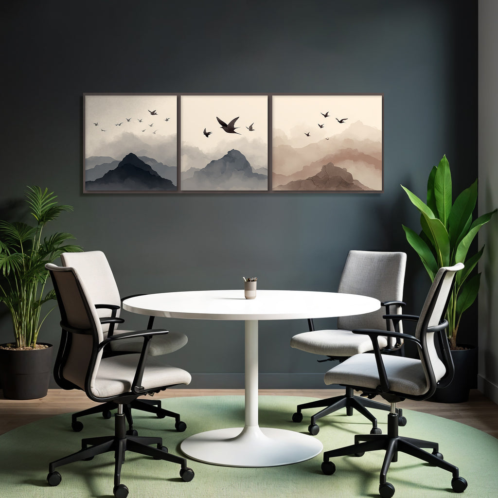 Abstrakte Gebirgslandschaften Mit Voegeln Triptychon Watercolor Szenen