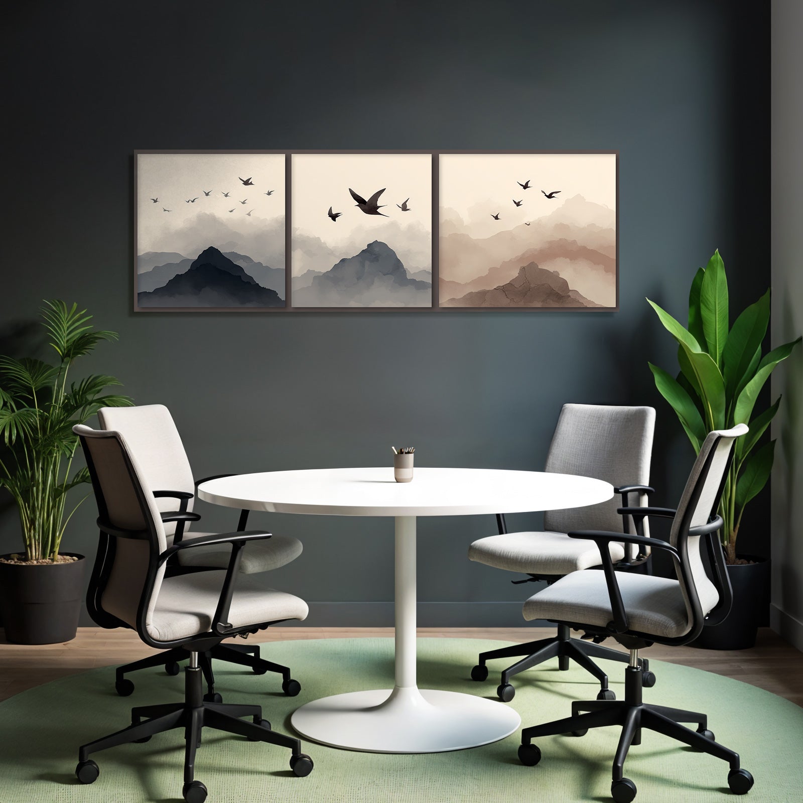Abstract Mountain Landscapes With Birds Triptych Watercolor Scenes