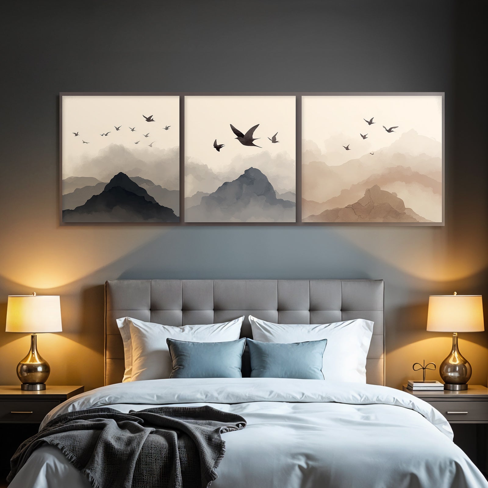 Abstract Mountain Landscapes With Birds Triptych Watercolor Scenes