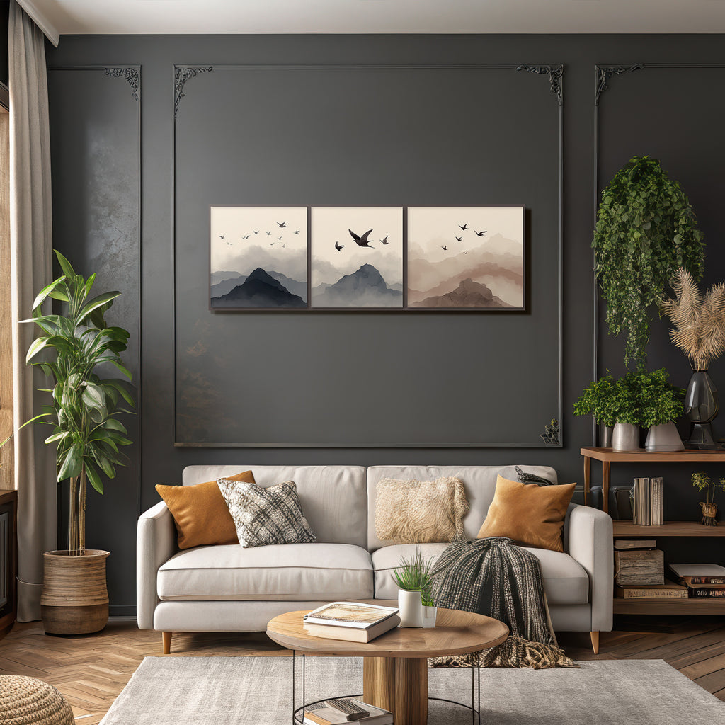 Abstrakte Gebirgslandschaften Mit Voegeln Triptychon Watercolor Szenen