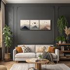 Abstrakte Gebirgslandschaften Mit Voegeln Triptychon Watercolor Szenen