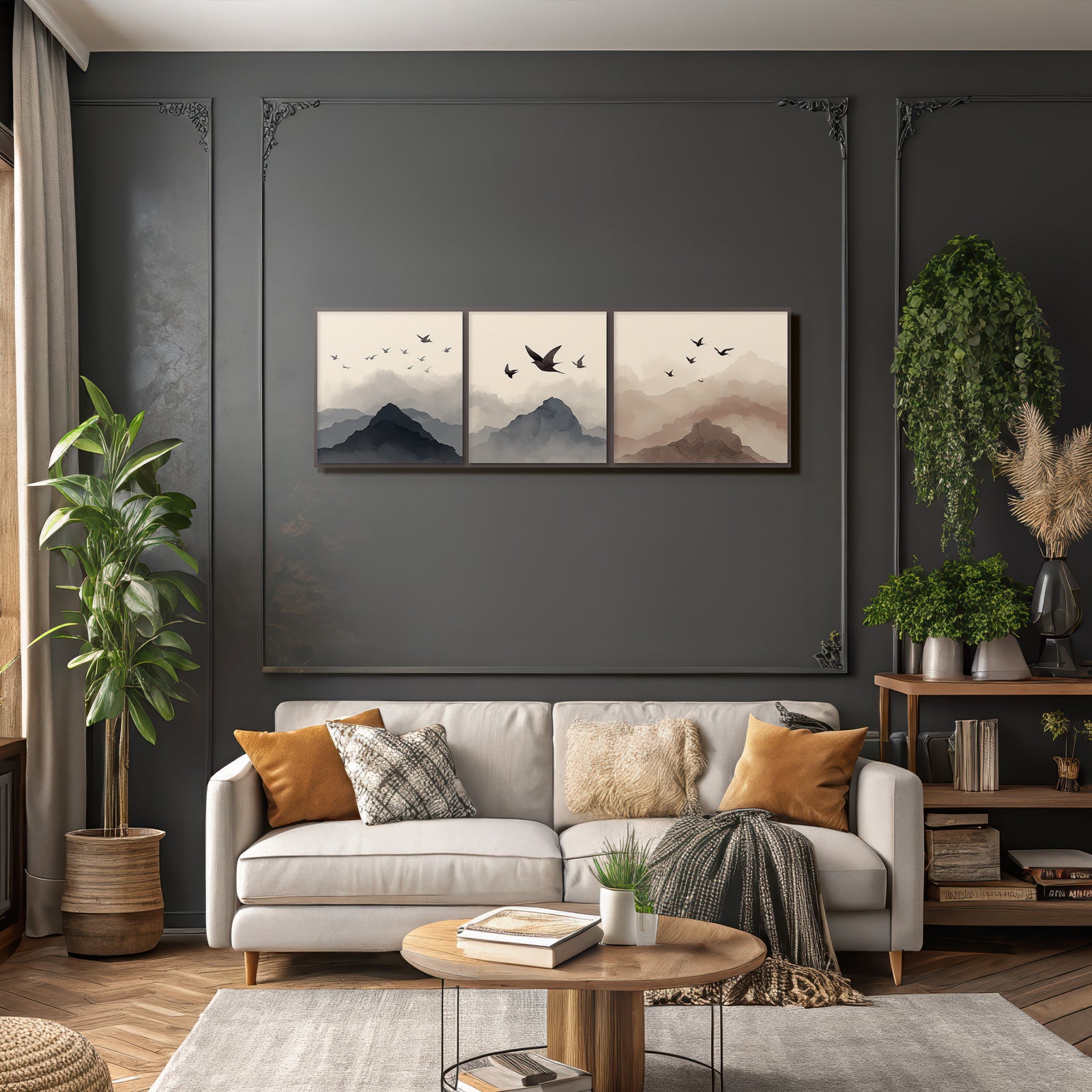 Abstract Mountain Landscapes With Birds Triptych Watercolor Scenes