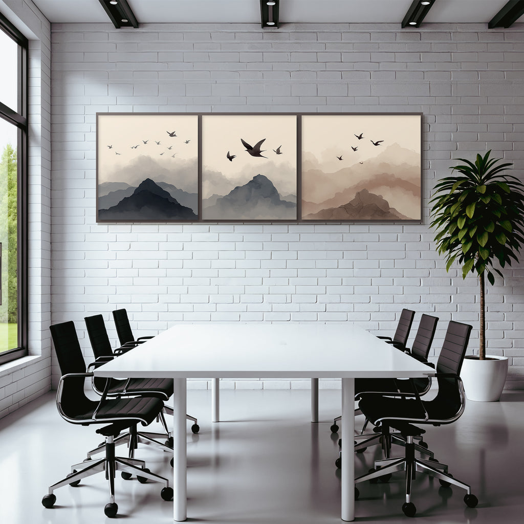 Abstrakte Gebirgslandschaften Mit Voegeln Triptychon Watercolor Szenen